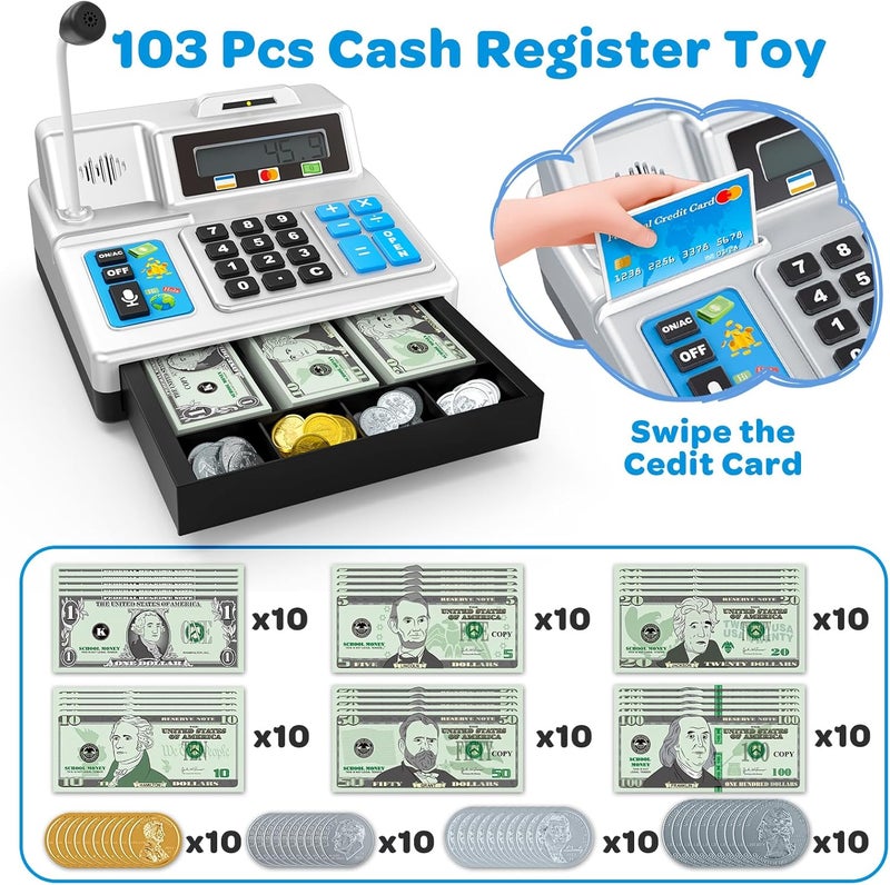 BAODLON Calculator Cash Register - 103 Pcs Toy Cash Register, Store Set with Microphone, Credit Card and Banking for Kids, Toddler Math Learning Toys, Preschool Gifts for 3, 4, 5, 6, 7, 8+ Years Old Boy Girl - Image 2